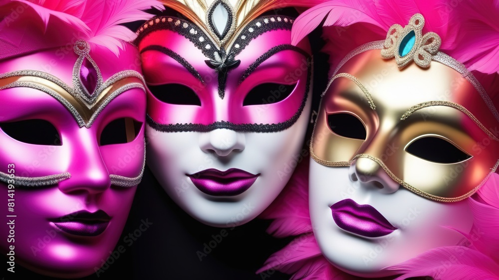 two mysterious Venetian mask on a black background red golden white black colors masquerade two mysterious Venetian mask on a black background red golden white black colors masquerade