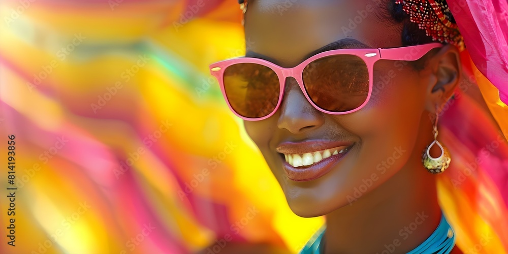 Stylish Woman in Pink Sunglasses with a Unique African-Inspired Look Smiling Brightly. Concept Fashion, Accessories, African Print, Smiling, Pink Sunglasses