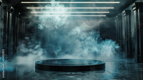 Dark smokey room with a steel podium, enhancing the industrial chic of automotive accessories