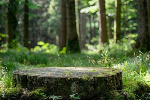 Forest scene with a mosscovered podium  offering an authentic  earthy background for gardening tools or outdoor products