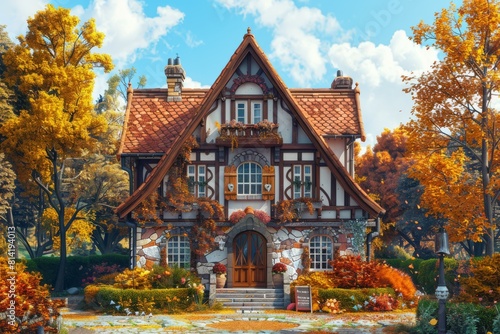 A quaint brick house surrounded by trees and grass  blending into the natural landscape of the autumn forest. A picturesque scene of art in nature. High quality 3d illustration