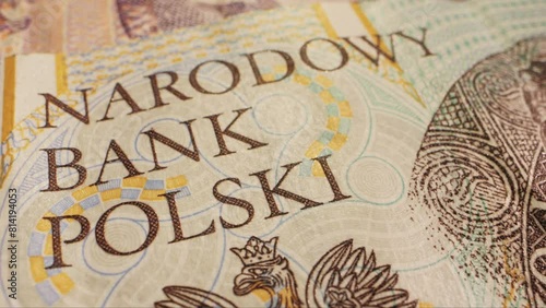 Detailed showcase of Polish banknotes with rooster and Narodowy Bank Polski photo