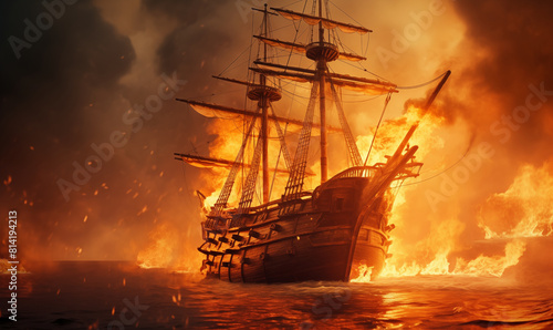 Wallpaper Mural Wooden war ship in flames on the sea battlefield, generated ai Torontodigital.ca