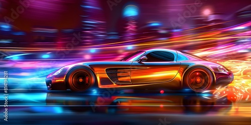 Rapid Racing: Colorful Chromeplated Car Speeds through Vibrant City in Ultrafast Light Zoom. Concept Racing Cars, Colorful Chromeplated, Vibrant City, Ultrafast Light Zoom, Rapid Speed