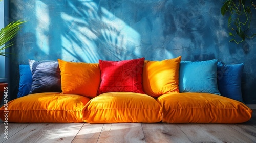 vibrant throw pillows decorate a comfortable sofa against a cozy home setting, with space for text photo