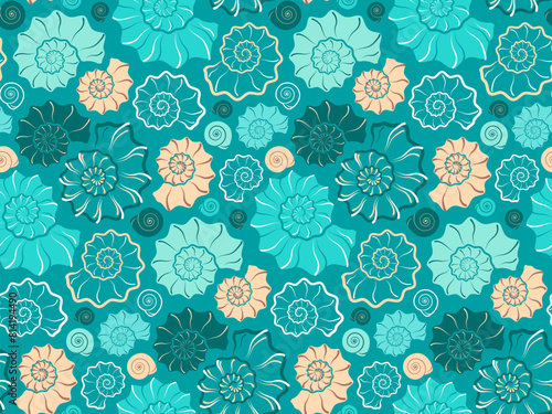 Seamless pattern with spiral sea shells on aquamarine color background. Trendy pattern with silhouettes and contour line seashells