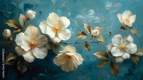 White magnolia flowers on a blue background.bouquet of flowers