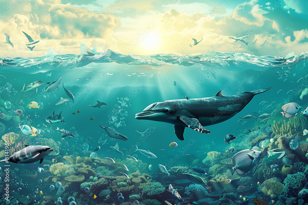 Naklejka premium Dolphin Swimming Among Corals in Ocean