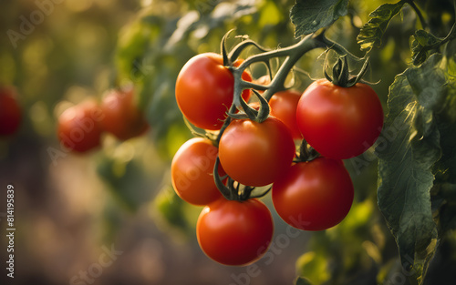 Ripe tomatoes on vine, blurred garden background, golden hour lighting