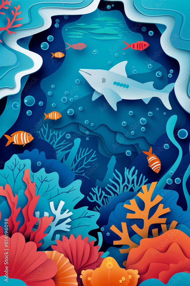 Shark Swimming Among Corals and Fishes in the Ocean Shark Swimming Among Corals and Fishes in the Ocean