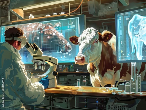 Scientist examining cow in futuristic lab, multiple screens displaying genetic data and bovine anatomy, advanced scientific equipment, high-tech agricultural research setting, illustration