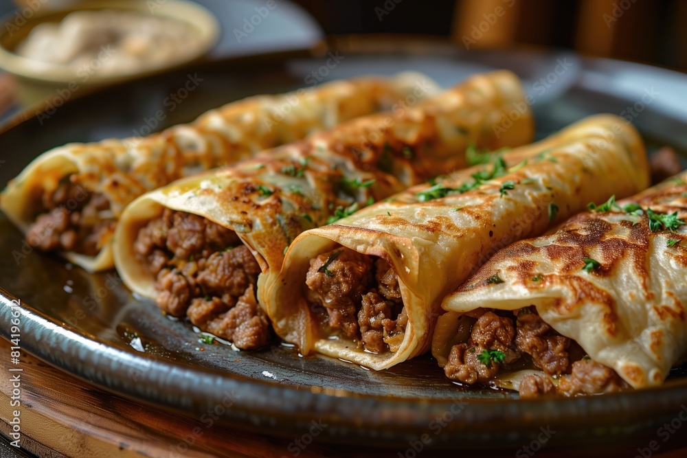 Pancakes stuffed with minced meat and cheese on a plate. Pancakes stuffed with minced meat and cheese on a plate.