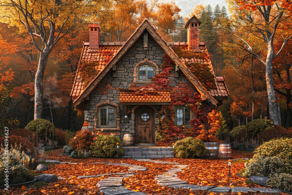 A quaint brick house surrounded by trees and grass, blending into the natural landscape of the autumn forest. A picturesque scene of art in nature. High quality 3d illustration A quaint brick house surrounded by trees and grass, blending into the natural landscape of the autumn forest. A picturesque scene of art in nature. High quality 3d illustration