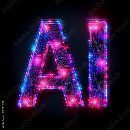 Neon Circuit Board Letter AI on Dark Background AI photo