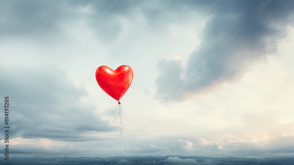 A solitary heart-shaped balloon drifts against a backdrop of gray, rainy skies. A solitary heart-shaped balloon drifts against a backdrop of gray, rainy skies.