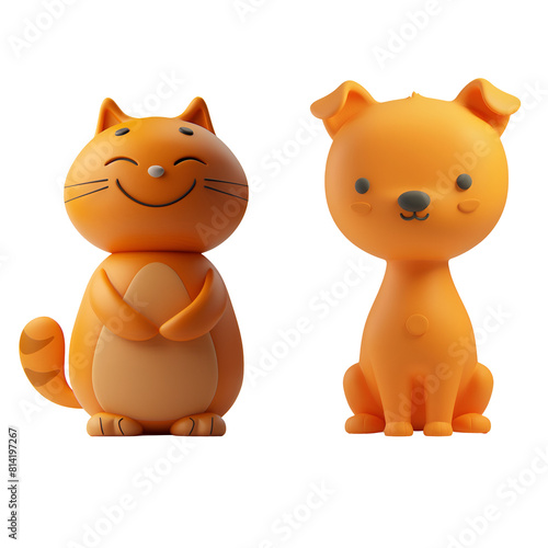 3D Cartoon Illustration Style: Set of Cute Pets - Orange Cat and Orange Dog, Isolated on Transparent Background, PNG
