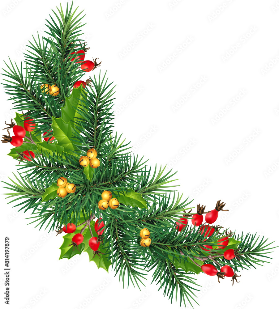 Festive green garland of pine, red berries, mistletoe, holly and pine cones. Decorated with trinkets. Transparent, png. Festive green garland of pine, red berries, mistletoe, holly and pine cones. Decorated with trinkets. Transparent, png.