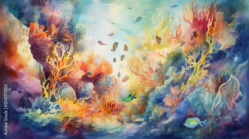 A whimsical underwater world inhabited by colorful sea creatures, coral reefs, and swaying seaweed, illuminated by shafts of sunlight filtering through the water's surface, creating a magical atmosphe
