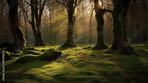 An enchanting forest glade bathed in the soft light of a setting sun, with towering trees casting long shadows across the moss-covered ground, a gentle breeze rustling the leaves photo