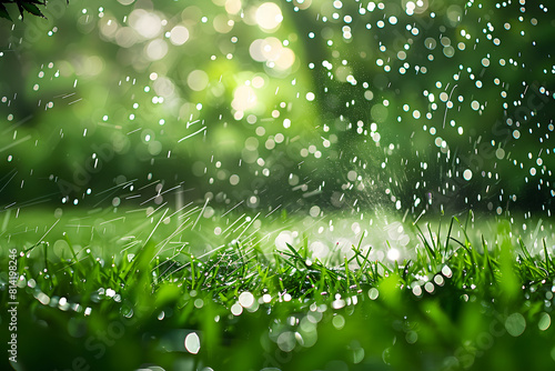 summer rain or lawn sprinkler spraying water on the green grass