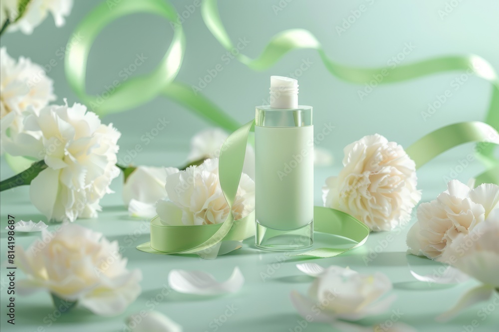 A body care spray. An unbranded beauty product with flowers and ribbons on the side. A body care spray. An unbranded beauty product with flowers and ribbons on the side.