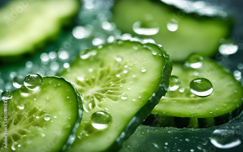 Sliced cucumber with water droplets, arranged artistically on glass, bright light