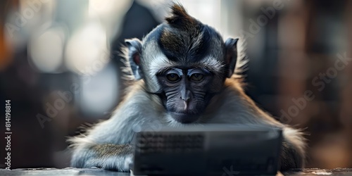Exhausted circus monkey invents technology in a state of weariness. Concept Humor, Technology, Circus Performance, Animal Welfare, Innovation