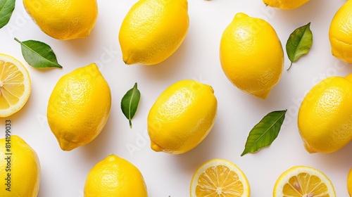Bright yellow lemons scattered on a white table.