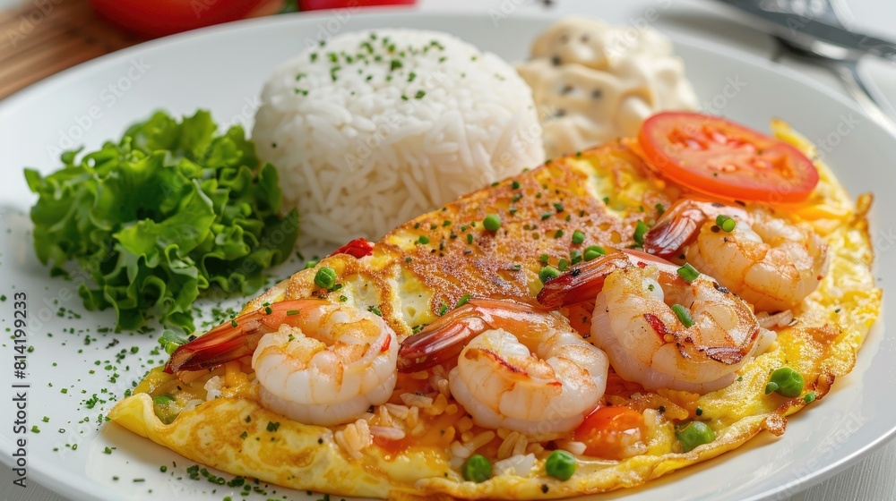 Creamy Omelet with Shrimps on Rice Recipe served Tomatoes Creamy Omelet with Shrimps on Rice Recipe served Tomatoes