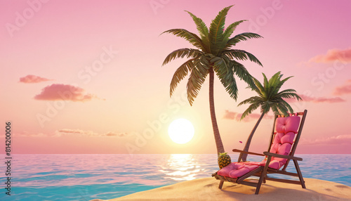  A sand islet surrounded by the sea with beach symbols  summer  very close view from the water  3D rendering