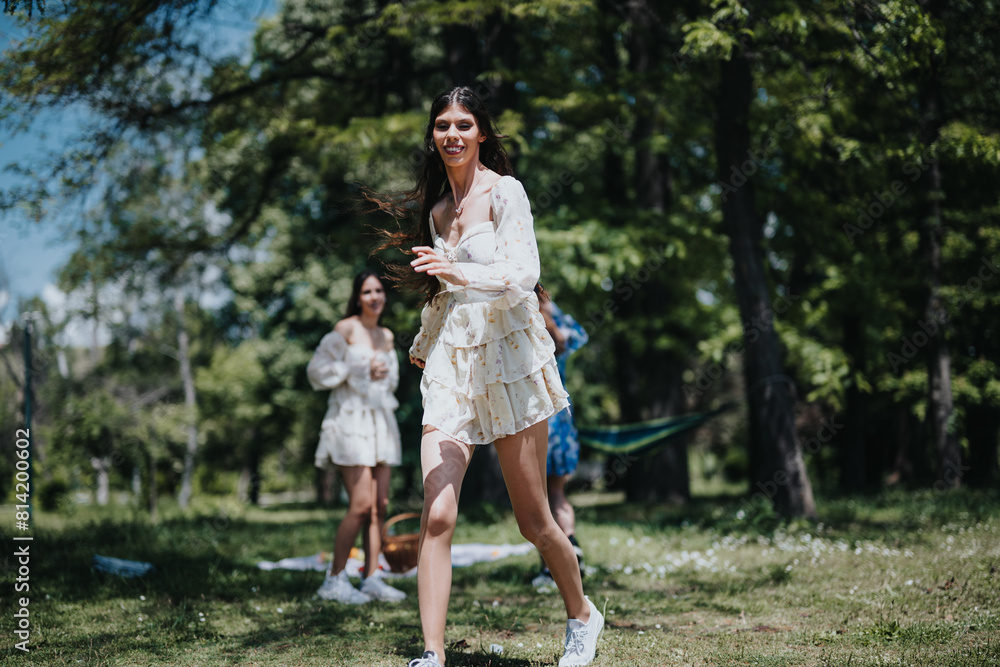 Fototapeta premium Two joyful young women playing and laughing in a sunlit park, embodying freedom and happiness as they enjoy a casual outdoor moment together.