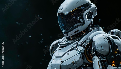 Show a battleready cyborg with armor and weapons integrated, highlighted on a black background with horizontal banner space photo