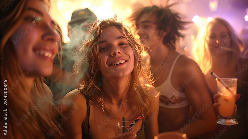 Show a group of friends at a party where one person declines a cigarette, emphasizing positive peer pressure Show a group of friends at a party where one person declines a cigarette, emphasizing positive peer pressure