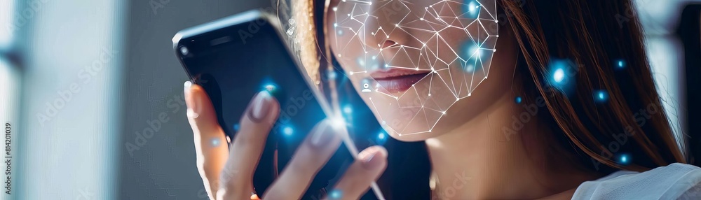 A closeup of hands holding a smartphone, displaying an identity verification app with facial recognition technology A closeup of hands holding a smartphone, displaying an identity verification app with facial recognition technology