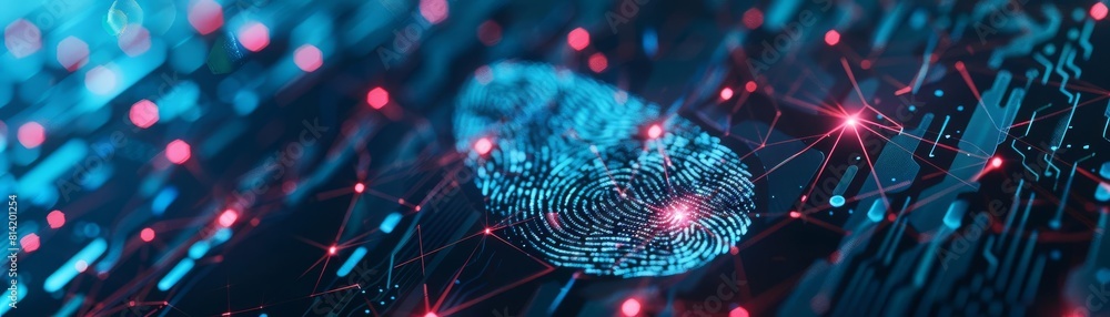 A concept image of biometric security, with a fingerprint superimposed on a digital network, granting access A concept image of biometric security, with a fingerprint superimposed on a digital network, granting access