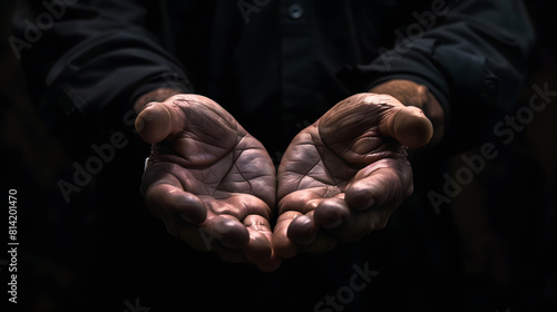 close up of male hands begging or holding something over black background