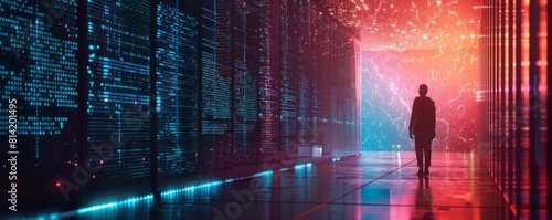 A conceptual image of a firewall as a gatekeeper, standing guard at the entrance of a network, keeping digital threats at bay