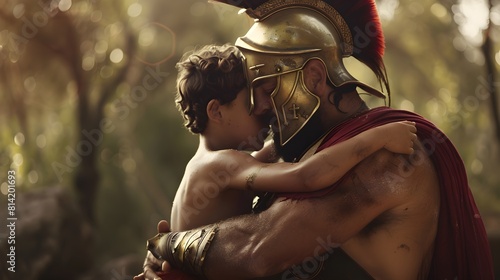 Photo of a Spartan warrior father with his son. Father's day, fatherhood and togetherness concept.