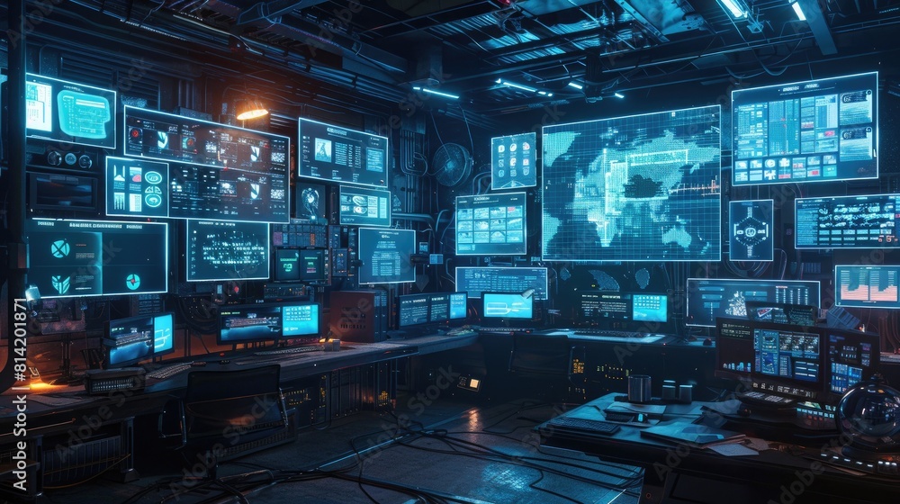 Cyberpunk Industrial room with huge monitors on the screen Cyberpunk Industrial room with huge monitors on the screen