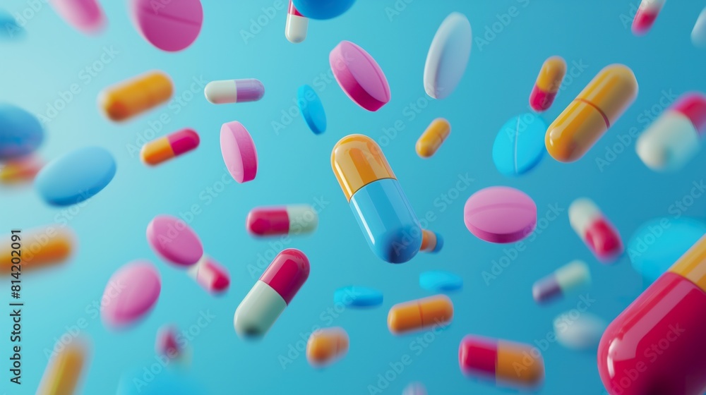Pills and capsules flying on blue background Pills and capsules flying on blue background