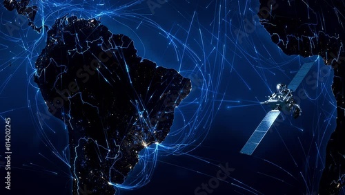 
Artificial Satellite Sending Signals over South America, highly Detailed Animation of Planet Earth.  Telecommunications, GPS, Internet and Surveillance Concepts. photo