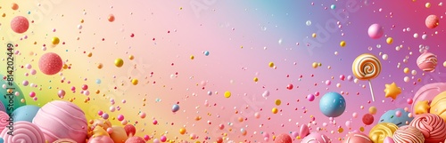 Colorful candies and lollipops, floating on a pastel rainbow background

