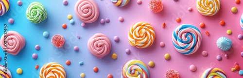 Colorful candies and lollipops, arranged on a pastel background, flat lay

