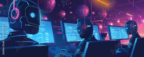 A customer support center powered by AI chatbots, handling multiple queries simultaneously on computer screens