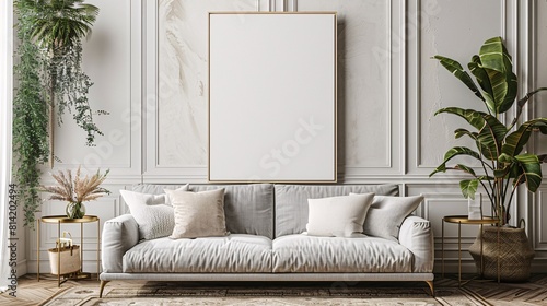 Mockup of a white vertical canvas, elegant living room with plants, gray sofa and golden side tables

