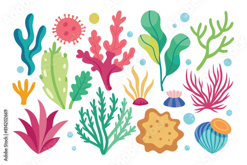 Colorful cartoon underwater plants, coral, and seaweeds set. Marine flora elements for ocean life design.