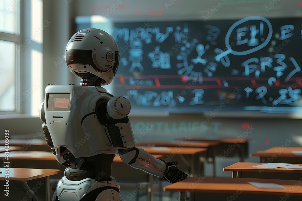 Fototapeta premium A digital art piece portraying a robot teacher in a classroom, using an interactive whiteboard to teach students coding and robotics