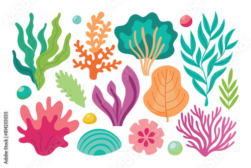 Set of cartoon underwater plants and coral, marine flora collection. Colorful seaweeds and reef elements, isolated vector illustration.