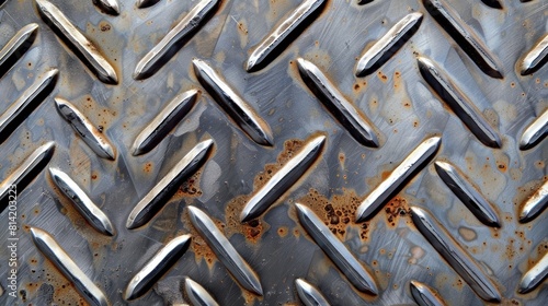 The image shows a close-up of a metal surface with a diamond plate pattern. The surface is rusty and has a rough texture.