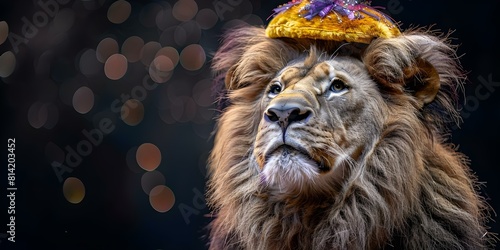 Exhausted lion wearing circus outfit looks melancholic in a studio photograph captured with modern technology. Concept Fine Art Photography  Studio Portraits  Melancholic Aesthetics  Circus Theme